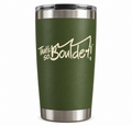 Olive green That's So Boulder tumbler with cream logo and stainless steel rim and base