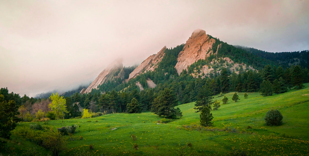 The Flatirons above a green meadow in Boulder, Colorado